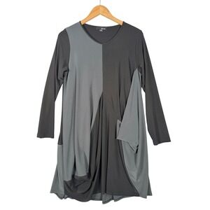 Sun Kim Tunic Top‎ Womens M Black Grey Good Lagenlook Drape Asymmetrical
